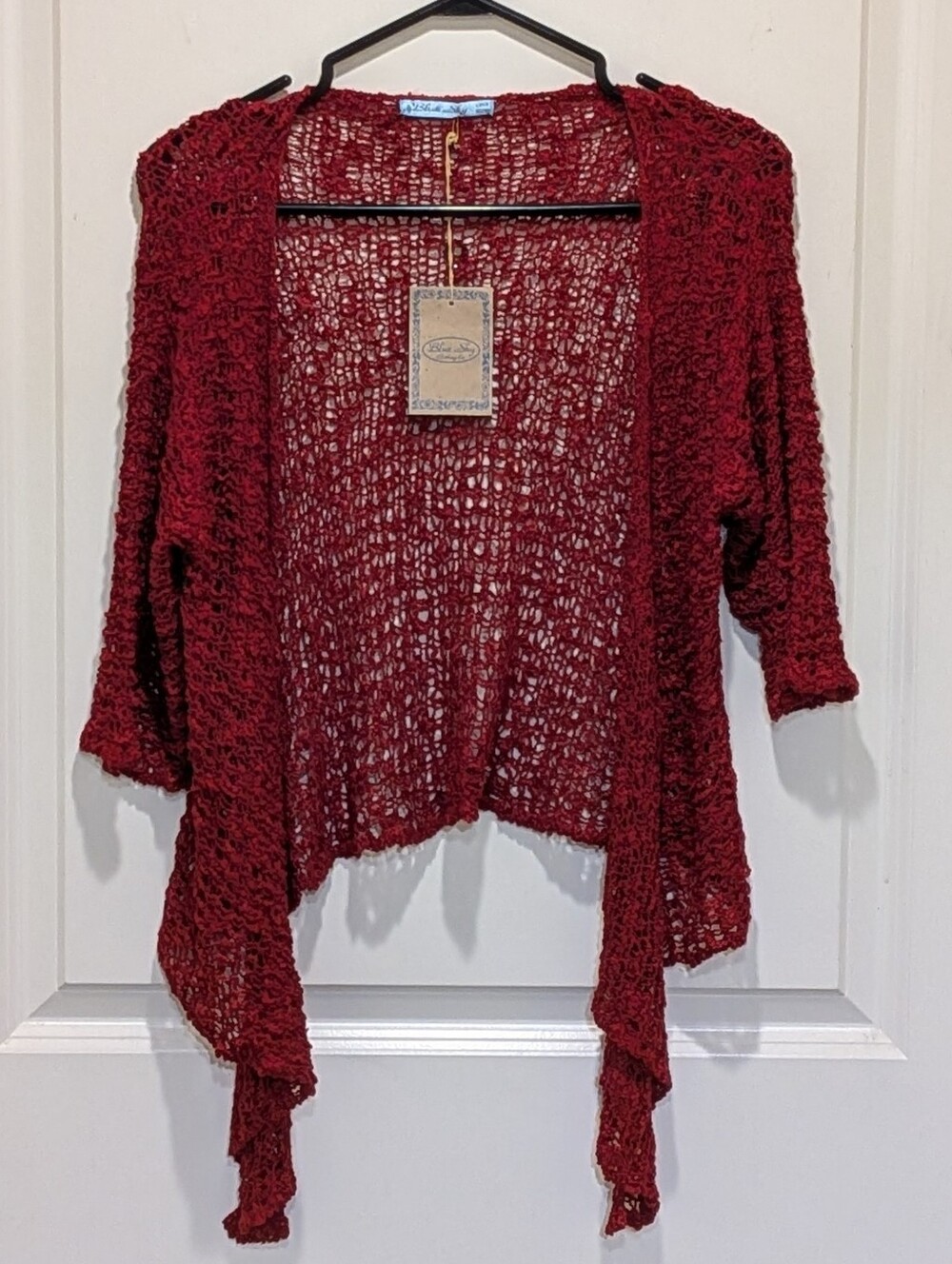 NWT Blue Sky OS Open Popcorn Knit Tie Front 3/4 Sleeve Maroon Cardigan
